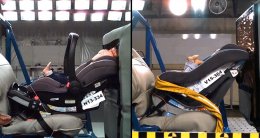 Image from customer Reports - showing dummy's head striking the blocker when sitting when you look at the Graco Snug Ride 40 (rear-facing just seat) however when in a convertible seat with a taller layer level