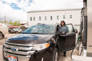 Tanking up our rented automobile in the united states
